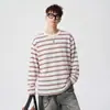 Camiseta listrada color-block estilo retrô americano de manga comprida, masculina, tendência de outono, corte solto, modeladora, top versátil para usar por baixo