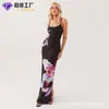 Vestido de Tirantes Finos sin Espalda Sexy con Estampado Floral Europeo y Americano Transfronterizo, Estilo Maduro Fiesta Casual Exquisito Vestido Largo