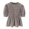 Ropa de Verano para Mujer Estilo Europeo y Americano 2026 Camisa de Cuadros de Panal Bordada con Manga Abullonada 6999