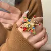 Anel Aberto Animal Exagerado Vintage com Abelha de Metal, Diamantes Coloridos e Pedra Olho de Gato Mosaico Feito à Mão