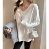 Camiseta Gruesa de Manga Larga Cepillada para Mujer Otoño e Invierno, Cuello en V Estilo Perezoso Holgado, Camiseta Básica, Top Interior Casual Coreano
