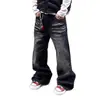Calça Jeans Preta Flaire Lavada Vintage Estilo Americano com Bigodes para Homens e Mulheres, Marca Tendência, Calça Comprida Drapeada Retrô