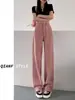 Jeans feminino rosa sujo de perna larga primavera 2023 novo cintura alta emagrecedor reto estreito solto calça boca de sino