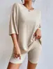 Novo Estilo Europeu e Americano 2026 Fashionable Casual Cor Sólida Primavera Gola Redonda Solto Conjunto de Shorts Feminino