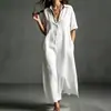 Moda Femenina Europea y Americana Transfronteriza Nueva de Verano 2026 Vestido Largo Casual Simple de Color Sólido Manga Corta Vestido Suelto con Cuello