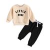 Ropa infantil de comercio exterior, top con cuello redondo y letras bordadas, pantalón liso de dos piezas, ropa infantil multicolor directa de fábrica