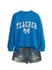 Amazon Ebay Site Independente Estilo Casual Feminino Professor Azul Floral Laço Outono Inverno Moletom
