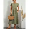 Todos los colores y tamaños disponibles, Vestido largo casual de color sólido con cuello redondo y manga corta, Hecho de tela de crepé de seda helada, Transfronterizo para Amazon Europa y América