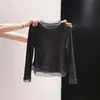 Camiseta de Manga Larga con Cuello Redondo y Patchwork de Encaje de Malla Retro para Mujer, Nueva de Otoño Invierno, Estilo Coreano, Top Simple Versátil A9420