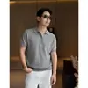 Camisa Polo de verano para hombre, fina, de manga corta, color trigo, con tejido de punto texturizado y diseño calado