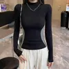 Camiseta Patchwork Color Block Americana de Gola Alta e Manga Longa para Mulheres Outono Inverno Garota Apimentada Ajustada na Cintura Estilosa Camada Base