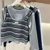 Top de Otoño para Niña de Manga Larga 2026 Nuevo Estilo, Falso Dos Piezas Primavera/Otoño Rayado Retro Coreano