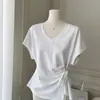 Venta al por mayor transfronteriza Verano 92% Algodón Ceñidor de cintura Cuello en V Manga corta Camiseta Diseño para mujer Top holgado de manga murciélago