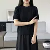 26 Verano Nuevo Estilo Algodón Puro Tejido Manga Corta Cuello Redondo Color Sólido Versátil Camiseta Holgada Manga Media Camisa Base Ropa de Mujer