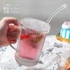 Vaso de Vidrio Minimalista Estilo Ins con Rayas Verticales para Uso Doméstico, Vaso para Bebidas con Tapa, Alto Valor Estético, Vaso para Leche, Vaso para Desayuno