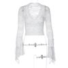 Top Cropped Curto Versátil Tendência Europeia e Americana Mais Vendido Sexy com Decote em V Profundo, Ajuste ao Corpo, Mangas Longas de Renda em Estilo de Amarração Sedutor