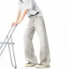 Jeans Masculino Cinza-Branco com Bigodes de Gato Lavados Americanos Marca Tendência Novo Reto Solto High Street Streetwear Calças Longas Baggy Flare Legítimas