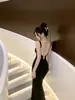 Vestido de tirantes negro estilo francés con escote en V y espalda descubierta para mujer, verano sexy, cintura alta, adelgazante, con abertura, largo