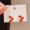 Pendientes de Plata Recubiertos de Oro Real de 18K con Aguja de Plata, Flor de Corazón de Zirconia de Lujo Ligero, Pendientes Rojos de Año Nuevo, Accesorios para Orejas de Nicho de Gama Alta