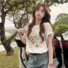 Camiseta de Algodão Puro Manga Curta Estilo Coreano Doce para Mulheres, Novidade Verão 2026 Estampa de Letras Cartoon Slim Fit Versátil Top Ins