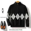 Suéter Masculino de Lã com Gola Alta Meia-Altura, Zíper, Color-Blocking, Tricô Grosso, Casual de Negócios, Caimento Solto, Cores Contrastantes, Camada Base de Caxemira