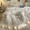 Estilo Coreano Tallado Leche Polar Encaje Francés Juego de Cuatro Piezas Invierno Cálido Engrosado Coral Polar Funda Nórdica Sábana Juego de Tres Piezas