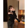 Venta al por mayor transfronteriza Elegantes Tops de Alta Gama de Estilo Francés Ajustados para Mujer, Camiseta Básica de Cuello Halter con Plumas y Hombros Descubiertos