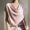 Nova Camiseta Feminina de Cetim de Seda para Primavera/Verão 2026 Gola Francesa Curta Manga Curta Simples Tamanho Plus