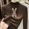Top de capa base de terciopelo alemán de doble cara para usar en otoño e invierno, con cuello semialto fruncido, mangas largas para niñas, camiseta cepillada cálida y versátil