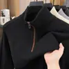 Novo suéter de inverno de alta qualidade em mistura de lã com zíper parcial e padrão jacquard, camisa base de malha grossa e quente com gola alta masculina