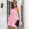 Amazon Explosions Vestido xadrez oblíquo de um ombro Manga bolha Saia multicamadas Verão feminino Novo comércio exterior Roupas femininas