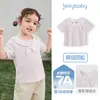 [7A Antibacteriano] Camiseta de Manga Curta para Meninas Pequenas Roupa de Verão para Bebês Top Listrado Roupas Infantis Meninas Gola Azul Marinho