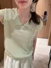 Camiseta Feminina de Malha com Recortes e Gola Lapela, Manga Curta, Estilo Novo Verão 2026, Cobre-Braço, Decote V, Elegante Estilo Coreano, Top Emagrecedor