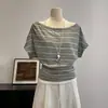 Top Casual y Elegante de Bloques de Color a Rayas Off-Shoulder Falso Dos Piezas de Manga Larga con un Diseño de Moda para Otoño, Versátil Top de Manga Corta de un Hombro