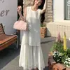 Vestido de tirantes de talla grande para mujer, estilo francés suave, empalme de encaje, estilo de dos piezas falso, para verano.