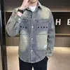Nueva chaqueta de mezclilla lavada con efecto desgastado, cuello camisero, estilo coreano, para primavera y otoño, moderna, sencilla, a la moda, para hombre