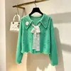 Elegante cárdigan de punto con ribete de encaje, cierre de corbata al frente y manga larga para mujer, nueva colección de otoño 2026, diseño simple, único y retro