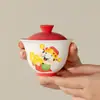 Juego de Té de Cerámica con Diseño Pintado a Mano del Dios de la Fortuna para Uso Doméstico - Taza de Té Principal Antiescaldante con Tapa
