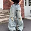Calças compridas jeans rasgadas de corte reto para homens e mulheres, para todas as estações, marca trendy europeia e americana, rebeldes e descoladas, estilo de rua, levemente boca de sino, casual high street americano