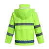 Impermeable Reflectante Fluorescente Verde Personalizado para Exteriores Tela Oxford 150D Capa de PVC Resistente al Desgaste Transpirable Impermeable Tiras Reflectantes