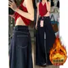 Jeans Gruesos con Forro de Felpa Talla Grande para Mujer, Nuevo Estilo Otoño e Invierno 2025, Pantalones Cálidos de Pierna Recta de Cintura Alta de Largo Completo y Pierna Ancha para Mujeres de Talla Grande
