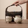 Fabricante de Juego de Té de Cerámica Margarita Gris Planta para Hogar, Una Tetera Dos Tazas, Juego de Té Portátil para Viaje al Aire Libre, Juego Pequeño