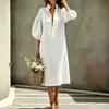 2026 Nueva Moda Casual Cruzada Europea y Americana para Mujer, Holgado, Cuello Alto, Manga Abullonada, Color Sólido, Vestido Largo