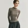Camisa Base de Malha Slim Fit Gola Alta Meia Melard Marrom para Mulheres, Camisola Quente Camada Interna Outono e Inverno, Top Slim Fit Gola Média