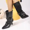 Botas Femininas de Cano Médio e Alto, Bico Fino, Salto Bloco, Estilo Europeu e Americano, Novidade Outono/Inverno com Salto Fino e Cano Larga Franzido, Botas Fashion