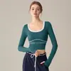 Nueva Ropa de Yoga Cruzada de Manga Larga para Otoño e Invierno con Copa Top Deportivo Ajustado de Secado Rápido Camiseta de Running Fitness