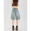 Shorts de mezclilla para mujer, tendencia de otoño, nuevo estilo versátil, de cintura alta, adelgazantes, pierna recta holgada, estilo boyfriend, estilo Hong Kong, shorts de longitud media