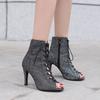 Sandalias Boca de Pez para Mujer, Primavera y Verano, Tacón Fino, Botines Cortos Calados, Zapatos de Tacón Alto con Cordones para Danza Jazz, Sandalias de Talla Grande