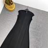 Vestido de Verano de Cintura Alta Color Sólido Commuter Empalmado Negro Midi