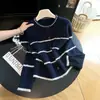 Suéter de tricô grosso estilo preguiçoso com blocos de cor, outono e inverno, gola redonda, blocos de cor listrados, macio e modelador, cardigã para o dia a dia